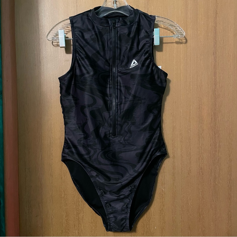 Reebok Black and Gray Zip-Up Zipper One Piece Swimsuit